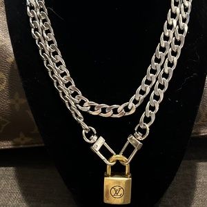 Louis Vuitton Padlock on Silver Stainless Steel Necklace with a Second Necklace